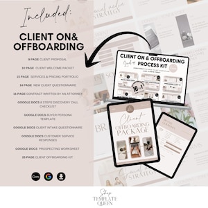 Peut inclure: Une trousse de marketing num&eacute;rique pour l'int&eacute;gration et le d&eacute;sengagement des clients. La trousse comprend une proposition de client, un paquet de bienvenue, un portfolio de services et de prix, un questionnaire pour les nouveaux clients, un contrat, une liste de contr&ocirc;le des appels de d&eacute;couverte, un mod&egrave;le de persona d'acheteur, un questionnaire d'int&eacute;gration des clients, des r&eacute;ponses au service client, une feuille de travail de prospection et une trousse de d&eacute;sengagement. La trousse est disponible &agrave; l'achat chez Shop Template Queen.