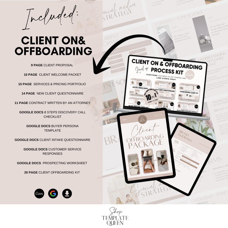 Peut inclure: Une trousse de marketing num&eacute;rique pour l'int&eacute;gration et le d&eacute;sengagement des clients. La trousse comprend une proposition de client, un paquet de bienvenue, un portfolio de services et de prix, un questionnaire pour les nouveaux clients, un contrat, une liste de contr&ocirc;le des appels de d&eacute;couverte, un mod&egrave;le de persona d'acheteur, un questionnaire d'int&eacute;gration des clients, des r&eacute;ponses au service client, une feuille de travail de prospection et une trousse de d&eacute;sengagement. La trousse est disponible &agrave; l'achat chez Shop Template Queen.