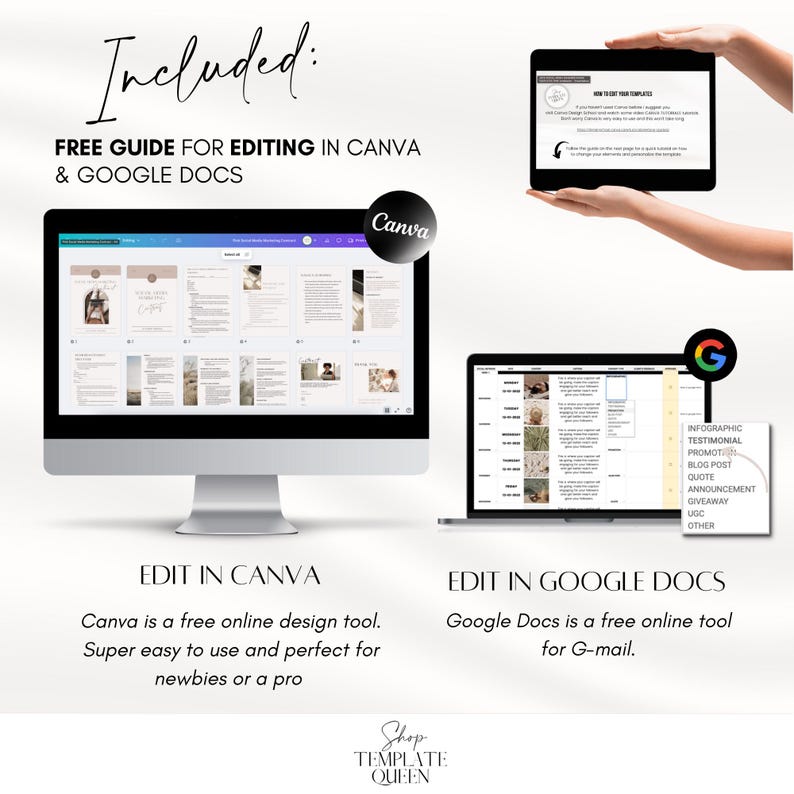Peut inclure: Une image num&eacute;rique montrant un &eacute;cran d'ordinateur affichant un mod&egrave;le de publication sur les m&eacute;dias sociaux. Le mod&egrave;le est con&ccedil;u pour &ecirc;tre utilis&eacute; avec Canva et Google Docs. Le texte &agrave; l'&eacute;cran indique "What's New?" et "Coffee." L'image comprend &eacute;galement un &eacute;cran d'ordinateur affichant un mod&egrave;le Google Docs avec une liste de types de publications sur les m&eacute;dias sociaux, notamment infographie, t&eacute;moignage, promotion, article de blog, citation, annonce, cadeau, UGC et autres. Le texte "Included: FREE GUIDE FOR EDITING IN CANVA & GOOGLE DOCS" est affich&eacute; en haut de l'image.