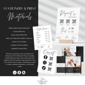 May include: A set of printable stationery and print materials for businesses. The set includes trifold brochures, flyers, rack cards, price lists, scan-to-pay signs, connect with us signs, and business hours signs. The text "Stationery & Print Materials" is at the top of the image. The text "Shop Template Queen" is at the bottom of the image.