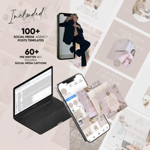 Peut inclure: Un collage d'images pr&eacute;sentant des services de marketing sur les r&eacute;seaux sociaux. Les images comprennent un ordinateur portable, un smartphone et divers mod&egrave;les de publications sur les r&eacute;seaux sociaux. Le texte "Included: 100+ Social Media Agency Posts Templates 60+ Pre Written SEO Focused Social Media Captions" est affich&eacute; sur le c&ocirc;t&eacute; gauche de l'image.