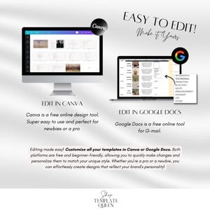 May include: A digital image showing two computer screens with the text "EASY TO EDIT! Make it Yours" at the top. The left screen shows a Canva design template with the text "EDIT IN CANVA" and the text "Canva is a free online design tool. Super easy to use and perfect for newbies or a pro". The right screen shows a Google Docs template with the text "EDIT IN GOOGLE DOCS" and the text "Google Docs is a free online tool for G-mail.". The text "Editing made easy! Customize all your templates in Canva or Google Docs. Both platforms are free and beginner-friendly, allowing you to quickly make changes and personalize them to match your unique style. Whether you're a pro or a newbie, you can effortlessly create designs that reflect your brand's personality!" is displayed below the screens. The text "Shop TEMPLATE QUEEN" is at the bottom of the image.