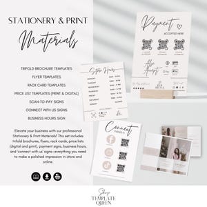 May include: A set of printable stationery and print materials for businesses. The set includes trifold brochures, flyers, rack cards, price lists, scan-to-pay signs, connect with us signs, and business hours signs. The text "Shop Template Queen" is at the bottom of the image.