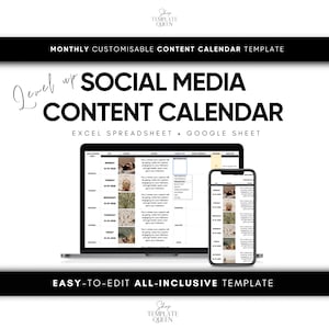 Puede incluir: Una pantalla de ordenador que muestra una plantilla de calendario de contenido para redes sociales mensual. La plantilla está diseñada para ayudar a los usuarios a planificar y programar sus publicaciones en redes sociales. La plantilla incluye columnas para la fecha, el día de la semana, el tipo de publicación y la leyenda. La plantilla está disponible en formatos Excel y Google Sheets. El texto "Level up Social Media Content Calendar" se muestra en la parte superior de la imagen.
