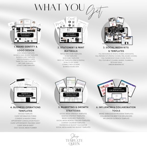May include: A graphic with the text "What You Get" in black and white text. The graphic is divided into six sections, each with a different category of templates. The categories are: Brand Identity & Logo Design, Stationery & Print Materials, Social Media Kits & Templates, Business Operations Templates, Marketing & Growth Strategies, and Influencer & Collaboration Tools. Each section has a list of templates that are included in the category. The graphic is designed to be used as a marketing tool for a business that sells templates.