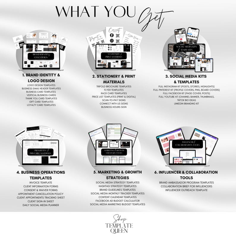 May include: A graphic with the text "What You Get" in black and white text. The graphic is divided into six sections, each with a different category of templates. The categories are: Brand Identity & Logo Design, Stationery & Print Materials, Social Media Kits & Templates, Business Operations Templates, Marketing & Growth Strategies, and Influencer & Collaboration Tools. Each section has a list of templates that are included in the category. The graphic is designed to be used as a marketing tool for a business that sells templates.