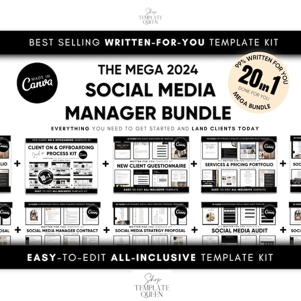 New & Improved 2024 Social Media Manager 20-in-1 Bundle | Social Media Manager Bundle | Social Media Manager Templates | Social Media Agency