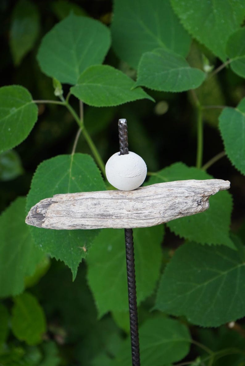 May include: A rustic garden stake featuring a white sphere atop a piece of driftwood, mounted on a dark metal rod. The driftwood is a light grey colour, and the background is blurred green foliage.