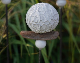 Patterned decorative sphere, concrete sphere, garden decoration, sphere for the garden WITH piece of wood and small sphere, garden stake