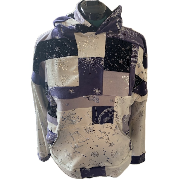 Purple/ White sparkly silver patchwork astrology themed hoodie.