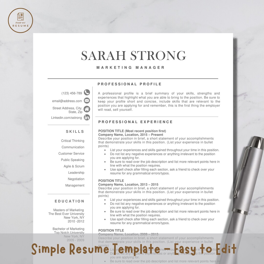 Resume Template for Word CV Template Microsoft Word Simple Easy to Edit ...