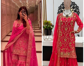 Celebrity Look 3Pc Pink Sharara Kurti,Pakistani Style Kurta Palazzo For Eid,Women Ethnic Wear Wedding Outfit,Heavy Embroidery Top Palazzo