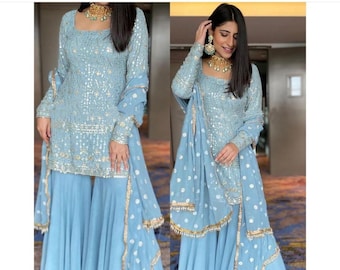 Celebrity Look Georgette 3 piece Suits Partywear Dress,Indian Designer Blue Ethnic Full Embroidered Kurta Sharara set,Plus size Sharara set