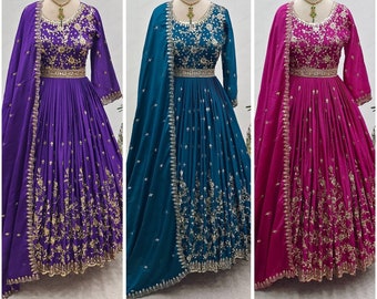 Regal Floor Length Anarkali Gown,Indian Women Classy Purple/Pink/Blue 2 Piece Kurti Dupatta,Bridesmaid Wedding look Plus Size Kurta Combo