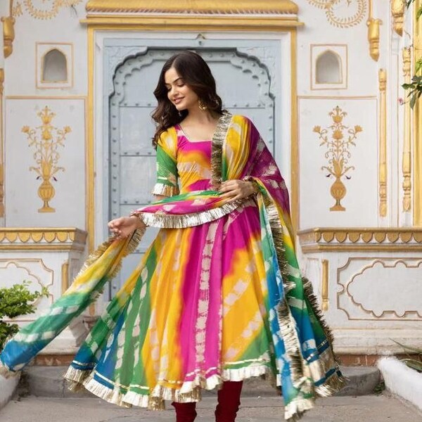 Designer Partywear Gown & Dupatta Set,Trendy Multicolor Long Gown for Indian Festival,Women Ethnic Wear Outfit,Heavy Gujrati Suit sale