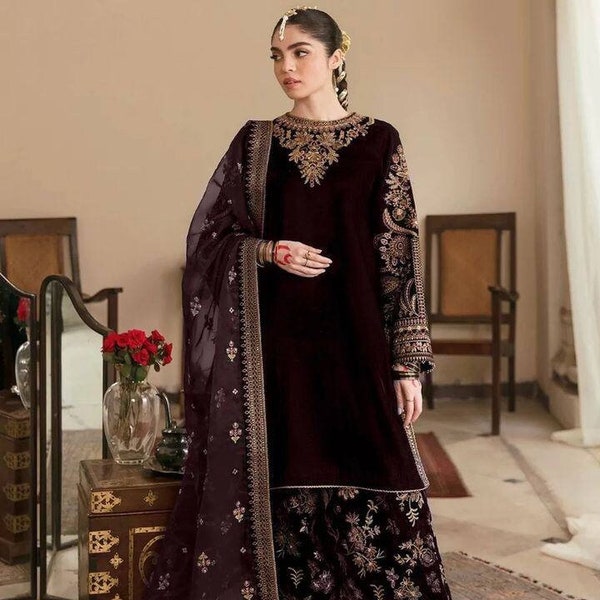 Indian Velvet 3 piece Kurta pant,Pure Straight Pakistani Coffee Color Kurta Dupatta Pant,Bridesmaids Ethnic Kurta For Women,Wedding Outfit
