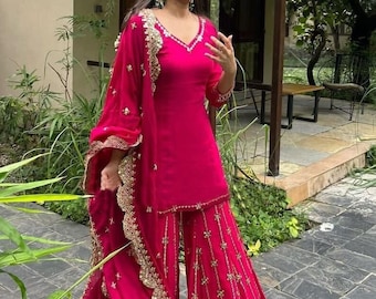 Celebrity Look Georgette 3 piece Suits Partywear Dress,Indian Designer pink Ethnic Full Embroidered Kurta Sharara set,Plus size Sharara set