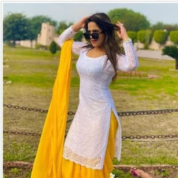 Premium Punjabi Salwar Kameez Bollywood Style Readymade Kurti,Women Indian Straight White Yellow Color ,Pakistani Patiala Salwar Designer