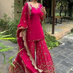 Celebrity Look Georgette 3 piece Suits Partywear Dress,Indian Designer pink Ethnic Full Embroidered Kurta Sharara set,Plus size Sharara set