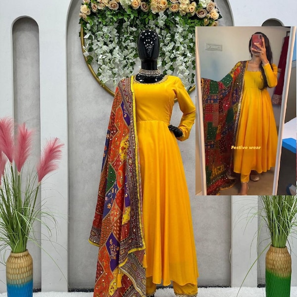 Bollywood Celebrity Style Ethnic Yellow Anarkali Kurti Pant Dupatta,Women Festiev Wear Flair Long Kurta,Designer Indian Wedding Haldi Outfit