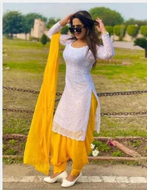 Sexy Yellow Straight Designer Formal Kurti Kurta 4 woman white stretchable  leggy | eBay