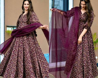 Indian Women Designer Heavy Look Purple Anarkali Gown Dupatta,Women Traditional Heavy Look Festive Outfit,Indian Bridesmaid Wedding Suit