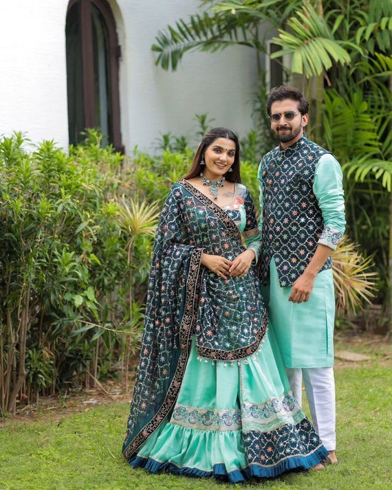 Stylish Matching Lehenga Choli and Kurta Pajama for Couples,designer Couple  Outfit for Festive Occasion,bollywood Style Couple Outfit Set 