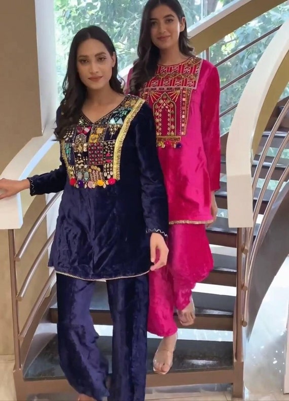 Velvet Kurti Pant With Dupatta Set Indian Handmade Blue Wedding Party Wear  Dress | eBay