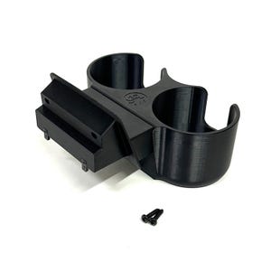 May include: A black 3D-printed accessory with two circular cup holders and a rectangular mounting bracket. The accessory includes two small black screws. The item is designed for mounting and holding items.