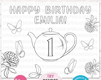 Tea Party Coloring Page, Custom Coloring Page, Garden Coloring Page, Birthday Coloring Page, Party Invitations, Digital Download, Printable
