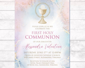 Marble Communion Invitation, Pink Purple Teal Communion, Girl Marble Communion Invitation, Chalice, Modern Communion Invitation, Pastels