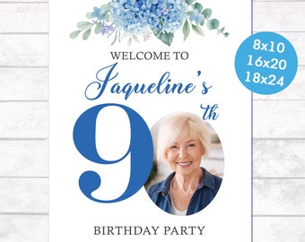 90th Birthday Welcome Sign with photo, Floral 90th birthday party sign, 80th Birthday Sign, 70th Birthday Sign, Hydrangea Birthday sign