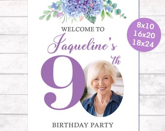 90th Birthday Welcome Sign with photo, Purple Hydrangea Birthday, Floral 90th birthday party sign, 80th Birthday Sign, 70th Birthday Sign