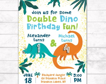 Double Dinosaur Invitation, Double Dino Birthday Invitation, 1st Birthday, Jungle Invitation, Kids Fun Invitation, Digital Download, DIGITAL