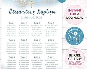 Baptism Seating Chart 18x24, Christening Seating Chart, Boy Baptism Seating Chart, Communion Seating Chart, Blue and Gold Seating Chart