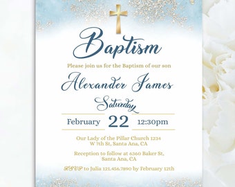 Baptism Boy Invitation, Baptism Blue and Gold Invitation, Boy Christening Invitation,  Communion Invitation, Confirmation, Digital Download