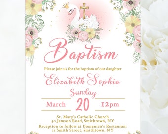 Swan Princess Invitation, Swan Princess Baptism, Swan Princess Birthday Invitation, Printable, Pink, Blush, Gold, Instant Download