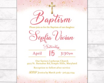 Baptism Girl Invitation, Baptism Pink & Gold Invitation, Girl Christening Invitation, Communion Invitation, Confirmation, Digital Download