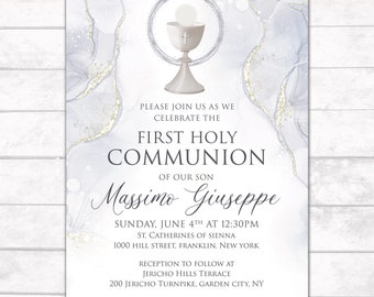 Marble Communion Invitation, Gold Silver Communion, Neutral Communion, GOLD OR SILVER Chalice, Modern Communion Invitation, Digital Download