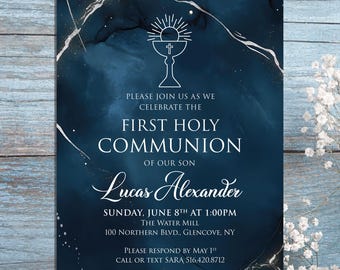 Blue Marble Communion Invitation, Boy Communion Invitation, First Communion Invitation, Modern Communion Invitation, Digital Download,