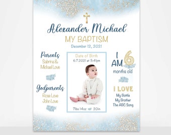 Baptism Milestone Sign, Boy Baptism sign, Blue and Gold, glitter, Blue Baptism poster, Baptism printables, Baptism print