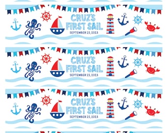 Nautical Water Bottle Labels, 1st Birthday Nautical Water Bottle Labels, First Sail, Any Birthday Nautical Labels, Nautical Birthday Baby