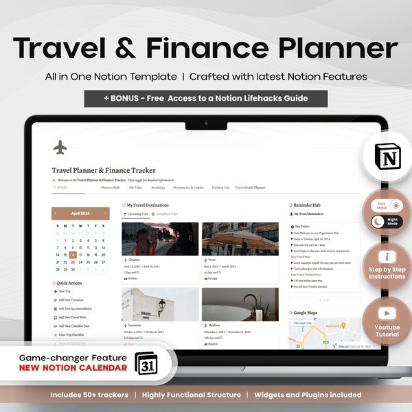 Notion Template Travel Planner Finance Tracker Travel Journal Itinerary Dashboard Money Hub Travel Organizer