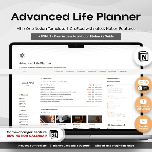 Notion Template Advanced Life Planner All in One Notion Dashboard Ultimate Notion Calendar ADHD Personal Extended Planner