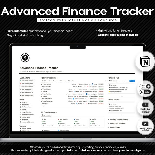 Notion Template Finance Tracker Income Expense Planner Budget Dashboard Money Hub Savings Bills Management