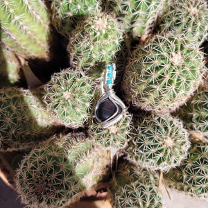 May include: A silver pendant with a dark, textured stone and small turquoise accents. The pendant is wire-wrapped and set against a backdrop of green cacti with sharp spines. The jewelry is a unique, handcrafted piece.