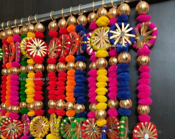 Wool Pom Pom String,Mirror Work Beaded Garland,Colorful Tessal Wall Hanging For Temple Decoration,Chakri Flower String For Wedding Backdrop