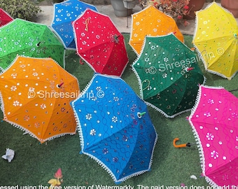 Lot Indian Cotton Fabric Plain Vintage Parasols, Rainbow Wedding Umbrella ,Event Decorations,Canopy Ethnic Art Mirror Work Tassels Parasol