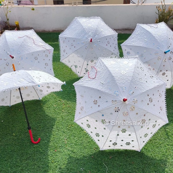 Bulk Elegant White Umbrella For Wedding, Reception Decor, Indian Umbrellas Parasol Decorative Traditional Embroidered Mirror Work Umbrella