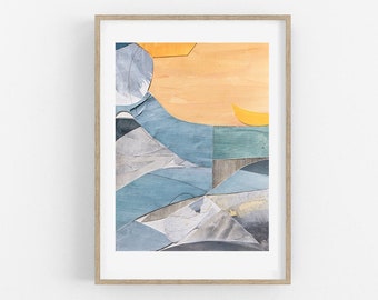 Puede incluir: Impresión de arte abstracto con un collage de formas de papel azules, verdes y amarillas. Las formas están dispuestas en un patrón superpuesto y en capas, creando una sensación de profundidad y movimiento.